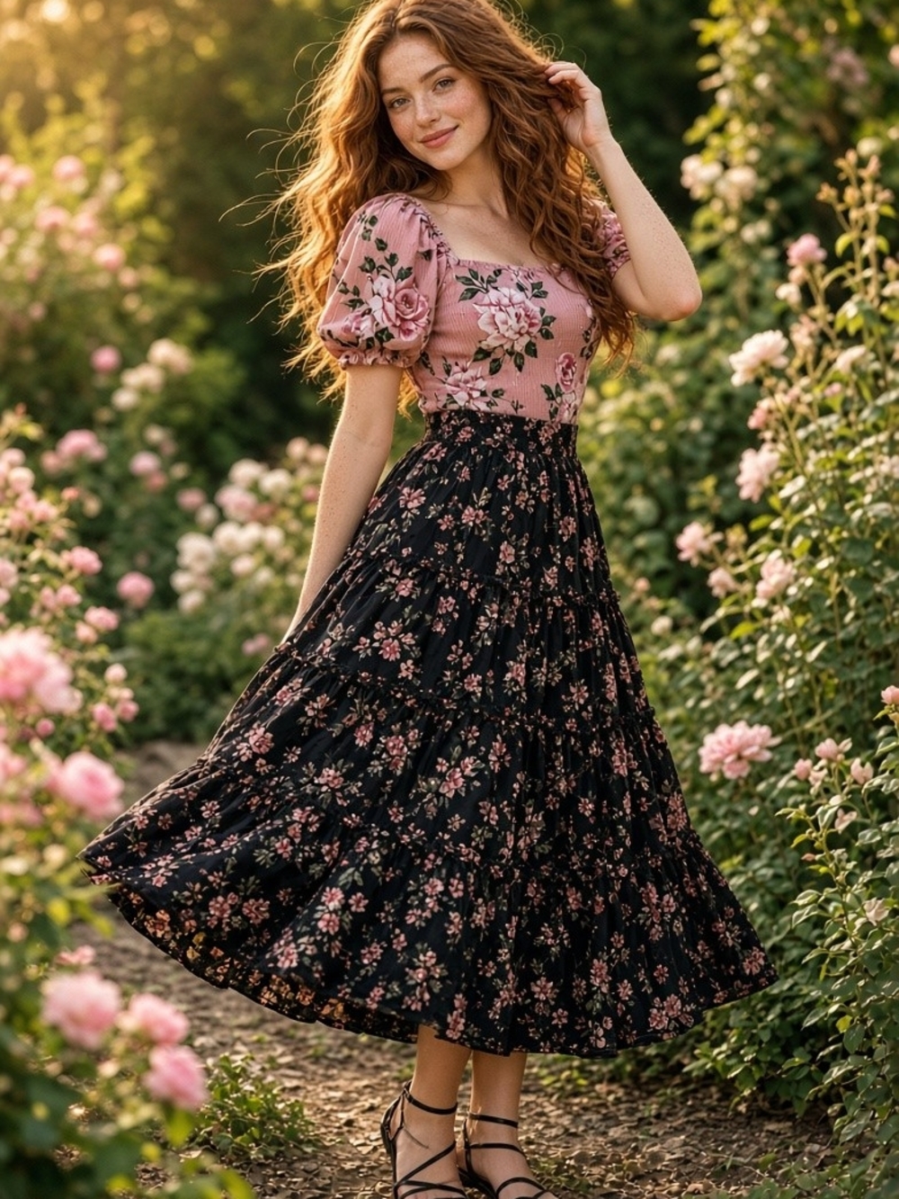 Floral Puff-Sleeve Maxi Skirt Dusty Rose and Black